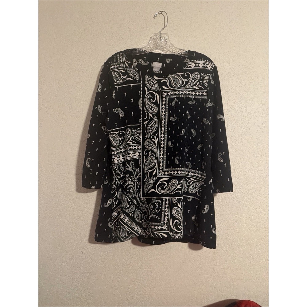Chicos Zenergy Black Paisley Bandana Print Quarter Pullover Top Size 2 / 12-14